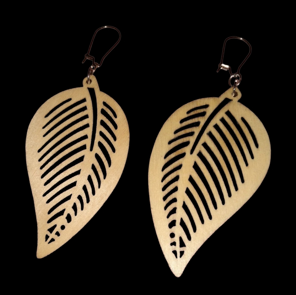 Carved Wood Leaf Earrings Big Lightweight Cut Out Feather Bohemian Big Leaves